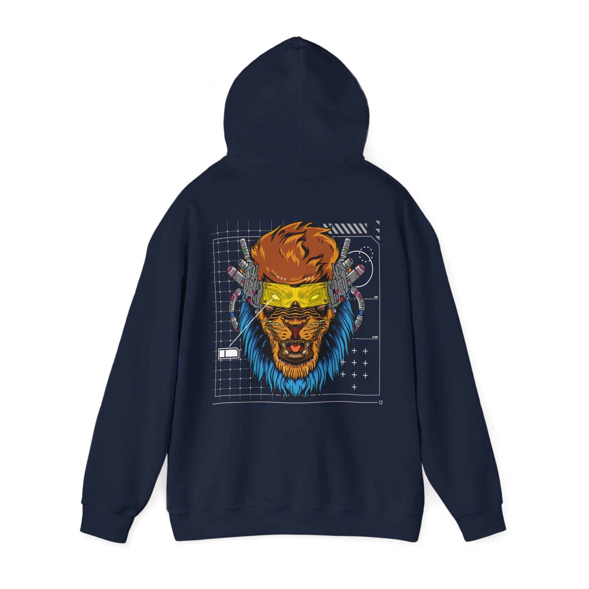 Elegant navy hoodie featuring a captivating cyberpunk lion design on the back, showcasing a vibrant, detailed illustration that merges natural strength with futuristic elements.