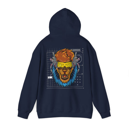 Elegant navy hoodie featuring a captivating cyberpunk lion design on the back, showcasing a vibrant, detailed illustration that merges natural strength with futuristic elements.