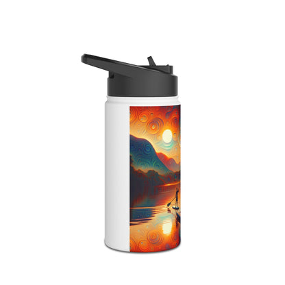 Stylish Fantasy Paddleboarding Stainless Steel Water Bottle with an innovative design, featuring captivating scenic artwork of a sunset paddleboarding adventure.