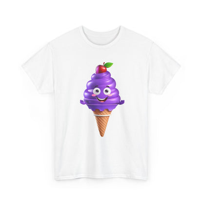 Front view of the 'Scoop of Joy: Cartoon Ice Cream Cone Character Tee' in crisp white, featuring a whimsical 3D cartoon ice cream cone character design that exudes happiness.