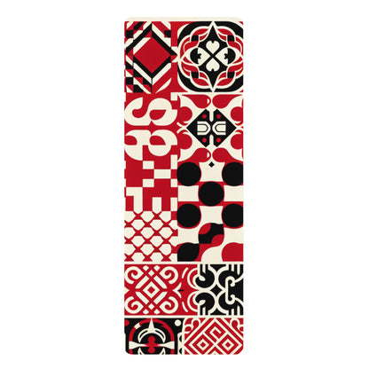 Valentina Rialto Designer Yoga Mat by Dazzling Dreams Studio featuring a luxurious modern checkerboard pattern with vibrant red prints, perfect for enhancing yoga practice and self-care routines.