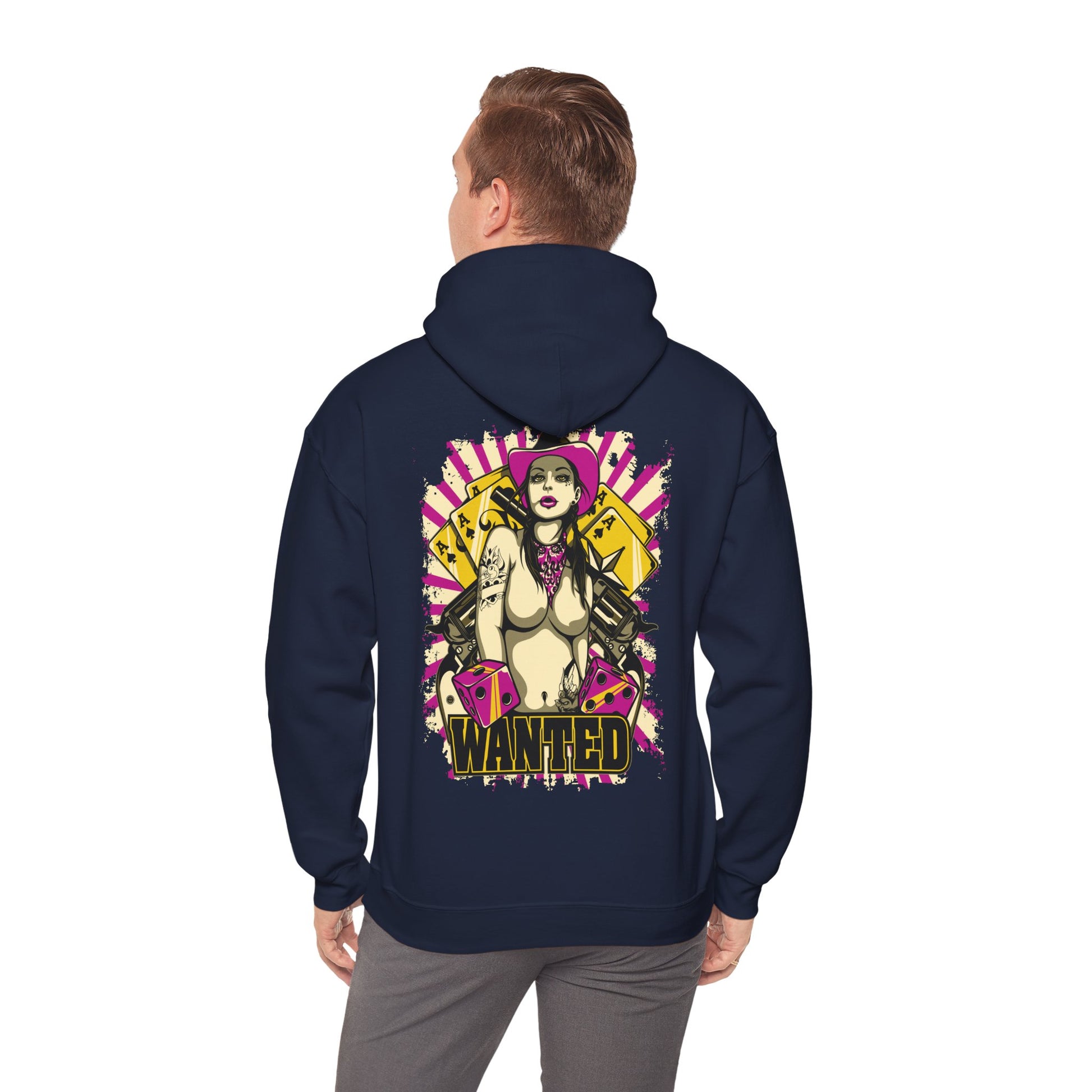 Chic navy hoodie worn by a model, displaying an eye-catching back print of a confident rebel with vibrant graphics and 'WANTED' text, epitomising unique style.
