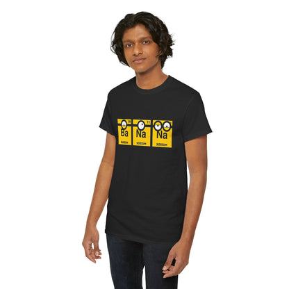 Another young model displaying the Men's Funny T-Shirt featuring the Minions Periodic Table design Ba, Na, Na, ideal for adding some fun to your wardrobe.