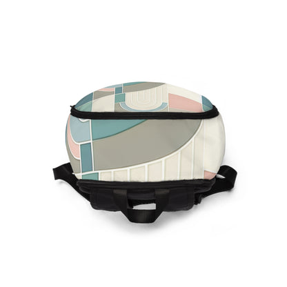 Lifestyle image featuring the Modern Abstract Pastel Backpack styled with elegant outfits, ideal for daily use or special outings, from Dazzling Dreams Studio.