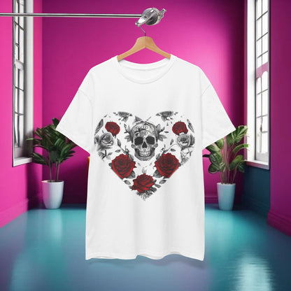 Skulls and Roses Cotton Tee - luxurious unisex graphic shirt featuring an intricately designed heart made of skulls and roses, showcased against a vibrant room background.
