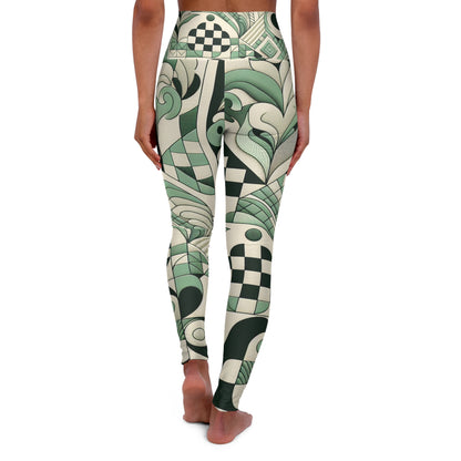 Detail view of pastel green high-waisted leggings with artistic prints designed by Vivienne Lacroix, brought to you by Dazzling Dreams Studio, ideal for comfort and elegance.