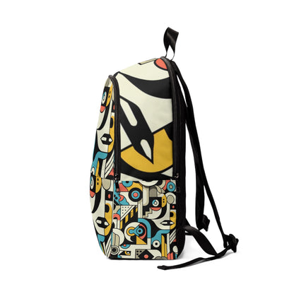 Lifestyle shot of the Trendy Abstract Cartoon Motif Backpack by Dazzling Dreams Studio in a modern urban setting, exemplifying a chic blend of art and practicality.