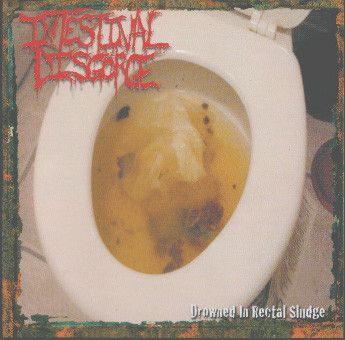 Official CD cover art for 'Drowned In Rectal Sludge' by Intestinal Disgorge, released by Rancid Offal Records, showcasing bold goregrind aesthetics.