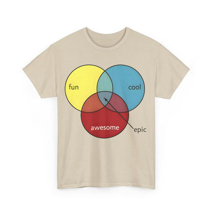 Epic Pie Chart Graphic Tee - Front view of a chic unisex triad t-shirt in soft beige featuring a witty graphic illustrating the intersection of fun, cool, and awesome.