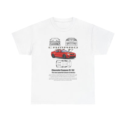 Stylish white Chevrolet Camaro ZL1 1LE men's t-shirt featuring an artistic rendering of a red Camaro, complete with intricate design details, ideal for luxury car aficionados.