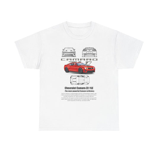 Stylish white Chevrolet Camaro ZL1 1LE men's t-shirt featuring an artistic rendering of a red Camaro, complete with intricate design details, ideal for luxury car aficionados.