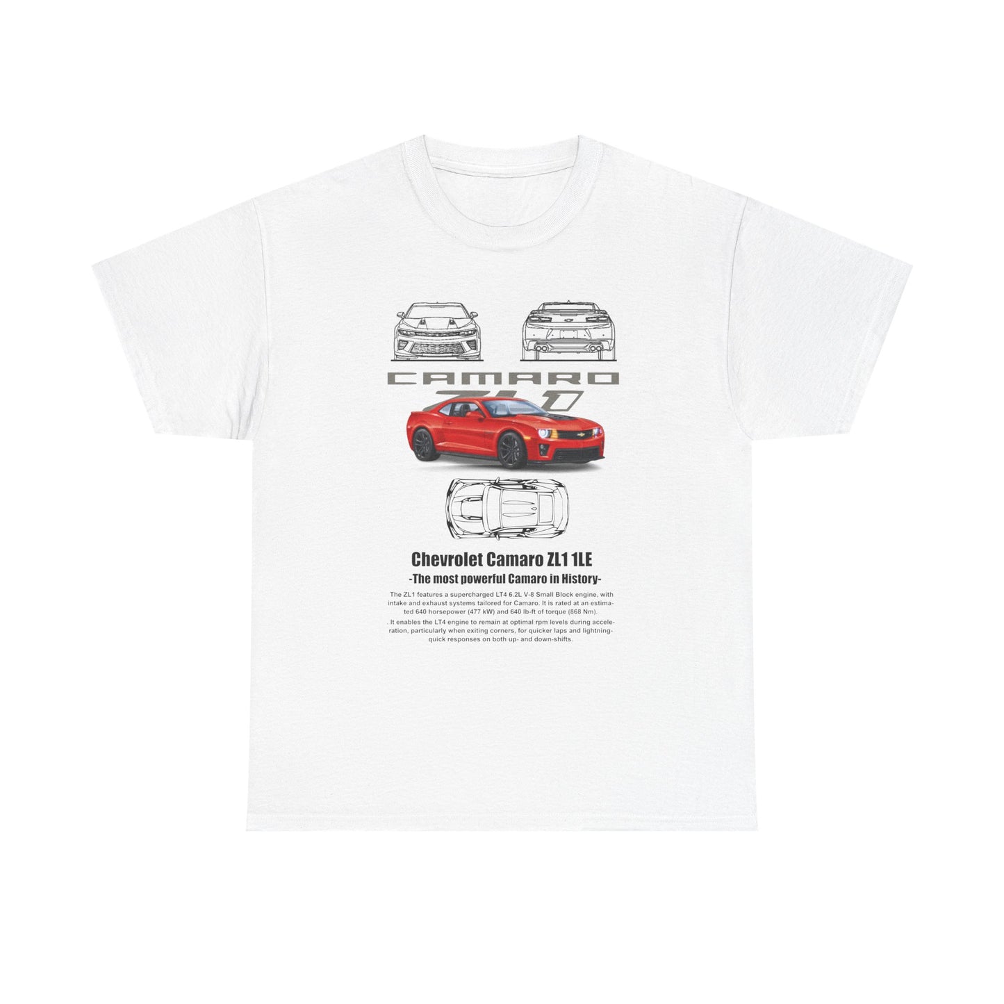 Premium Men's Chevrolet Camaro ZL1 1LE T-shirt in white showcasing a sophisticated design with the famous Camaro logo, vibrant red car illustration, and intricate vehicle details, perfect for discerning car lovers who appreciate automotive excellence.