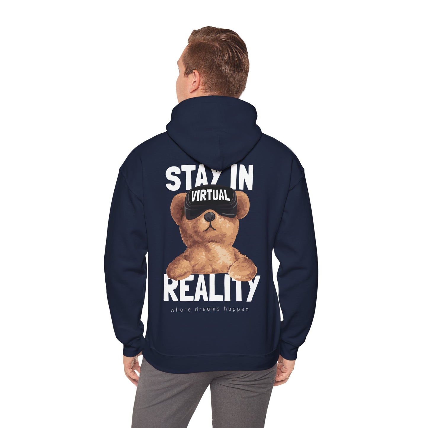 Elegant navy hoodie being worn by a model, displaying the adorable teddy bear print and inspiring text on the back, perfect for virtual reality enthusiasts.