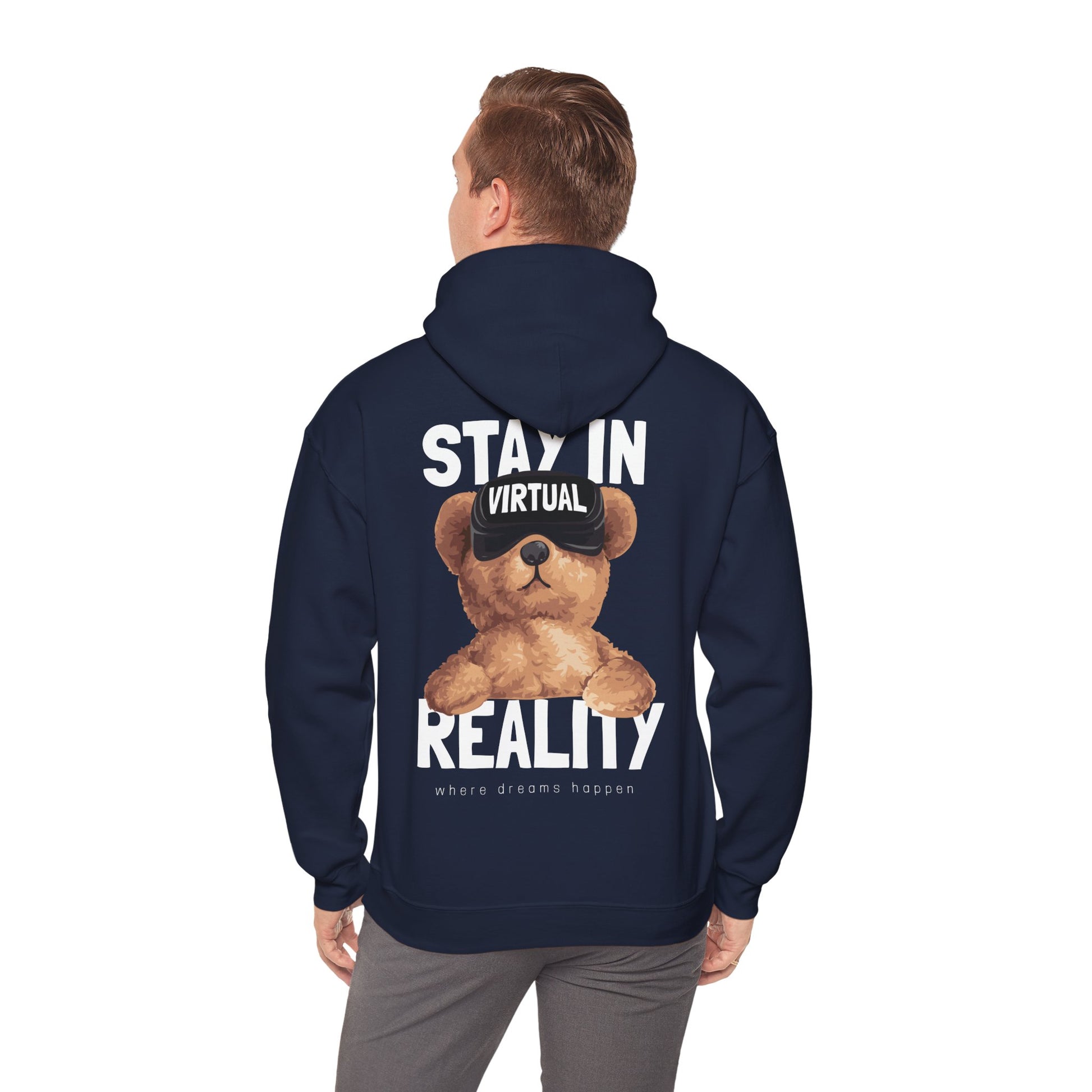Elegant navy hoodie being worn by a model, displaying the adorable teddy bear print and inspiring text on the back, perfect for virtual reality enthusiasts.