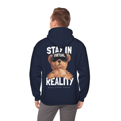 Elegant navy hoodie being worn by a model, displaying the adorable teddy bear print and inspiring text on the back, perfect for virtual reality enthusiasts.