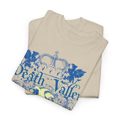 Stacked Death Valley T-Shirts showcasing the ornate skull and crown design in deep blue and cream colours, a perfect blend of gothic elegance and casual luxury.