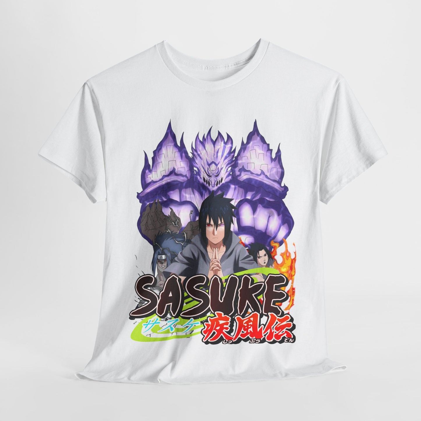 Luxurious white Sasuke Graphic Tee featuring a striking illustration of Sasuke with powerful character imagery against a vibrant background. Designed for anime enthusiasts, this premium quality shirt captivates with bold colours and intricate Japanese lettering, perfect for elevating your stylish wardrobe.