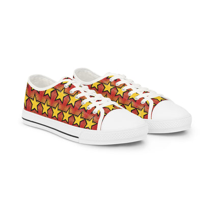 Zara Boltstrike Men's Lowtop Sneakers featuring a vibrant pop art design with a cheerful yellow star pattern against a bold red backdrop, perfect for making a stylish statement.