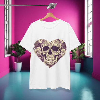 Front view of the exquisite Skulls and Roses Cotton Tee featuring a captivating skull and heart rose design, perfect for alternative fashion.