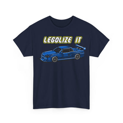 Stylish navy blue men's graphic t-shirt showcasing a pixelated blue sports car and 'LEGALIZE IT' slogan, combining retro aesthetics with contemporary appeal.