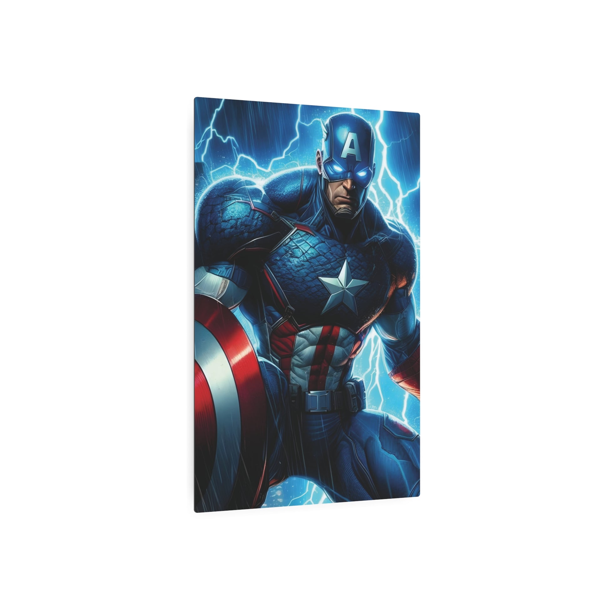 Marvel Captain America Metal Art Poster depicted in a polished finish, ideal for enhancing sophisticated interior spaces.