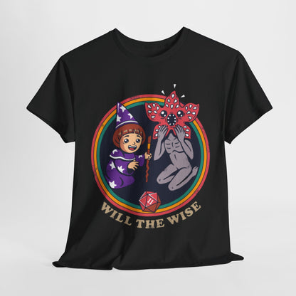 Luxurious black graphic tee featuring a whimsical wizard character and a charming monster, adorned with vibrant colours and the phrase 'WILL THE WISE', perfect for fans of fantasy and adventure.