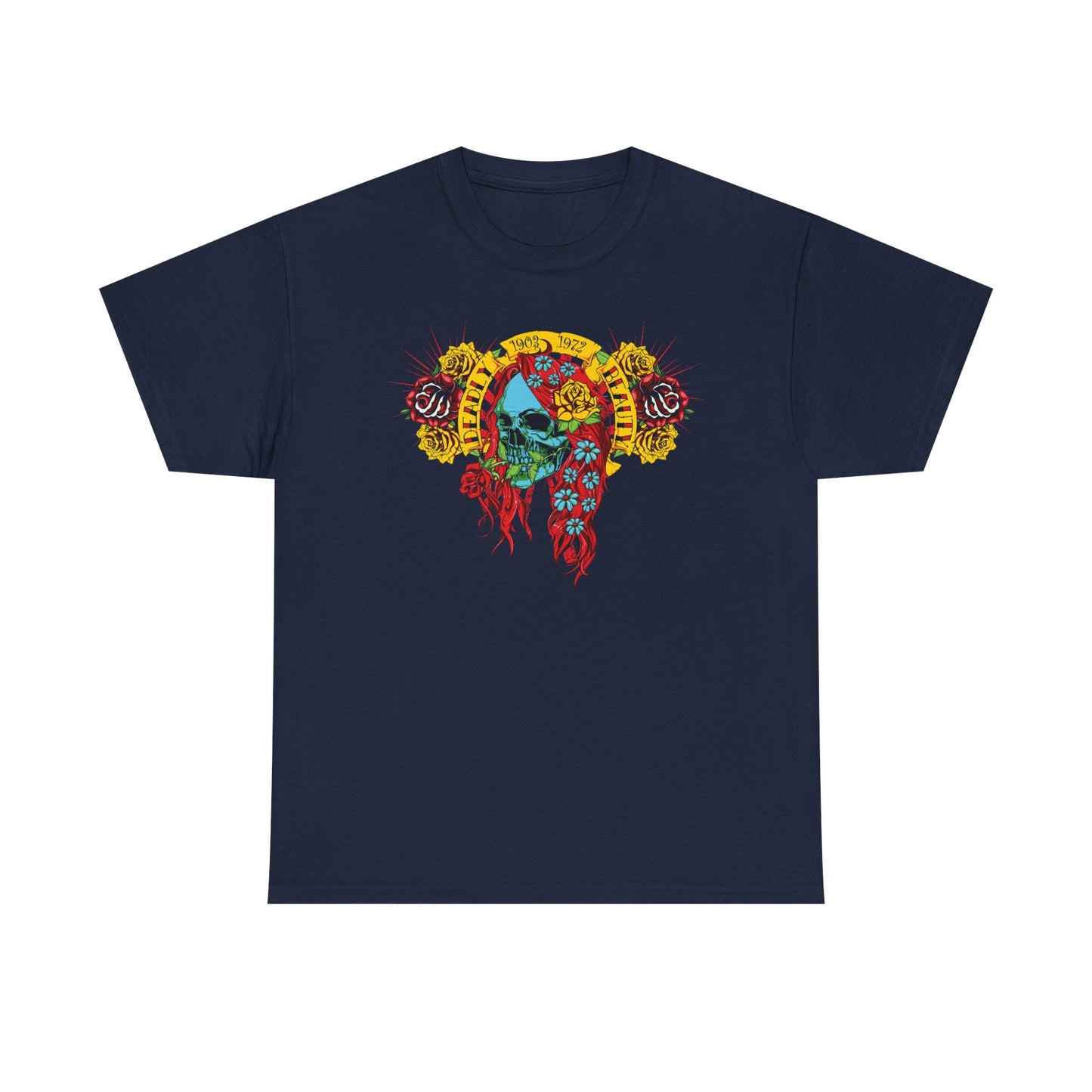 Luxury men's t-shirt featuring an artistic skull design with vibrant floral accents and intricate details, set against a dark background, embodying a fusion of edgy style and elegance.
