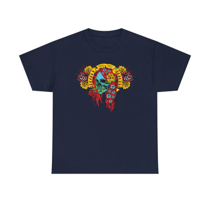 Luxury men's t-shirt featuring an artistic skull design with vibrant floral accents and intricate details, set against a dark background, embodying a fusion of edgy style and elegance.