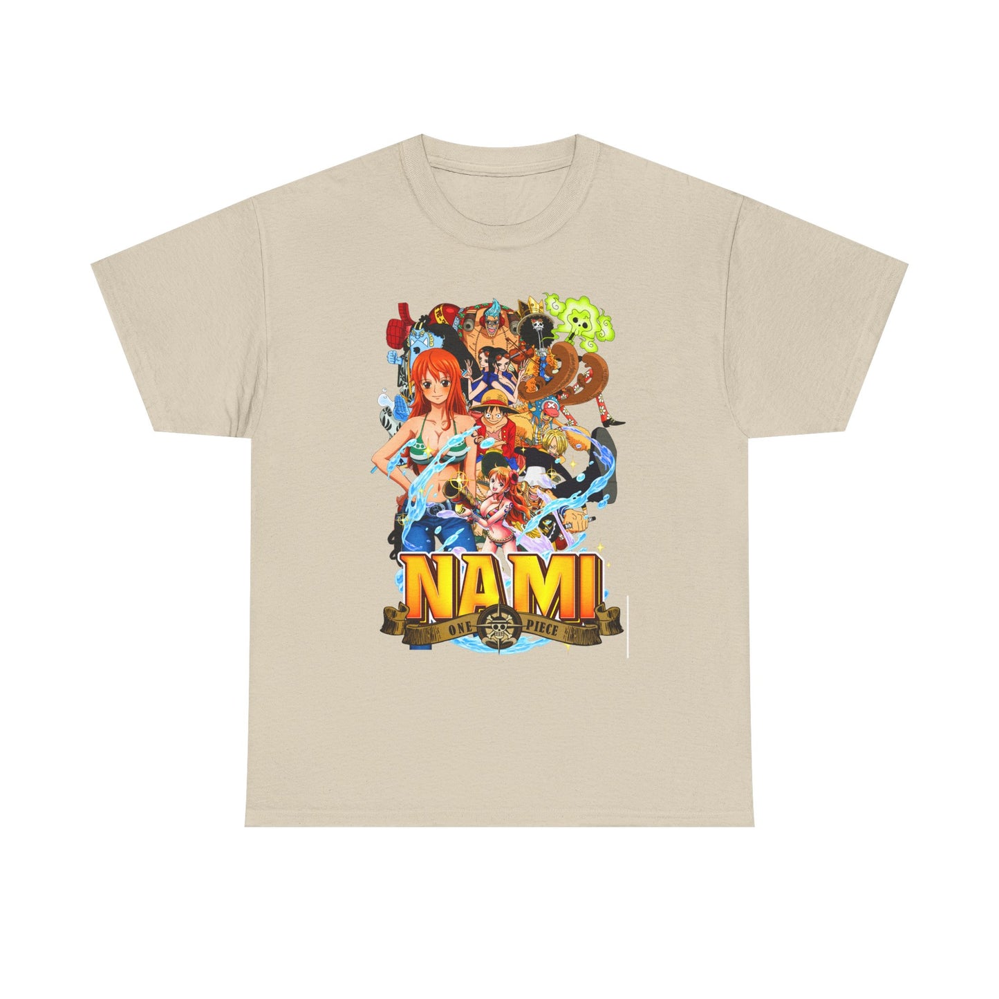 Elegant beige men's t-shirt adorned with a colourful Nami graphic from One Piece, highlighting the beloved character and her companions, perfect for anime enthusiasts.