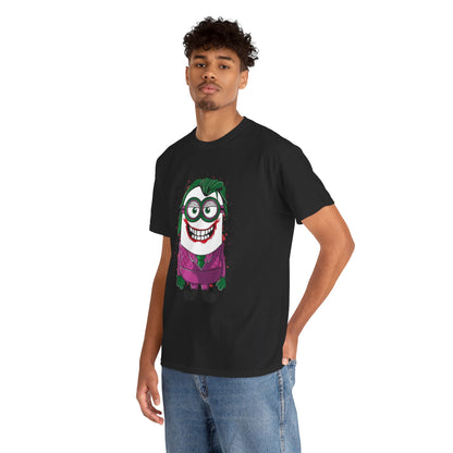 Model wearing a Men's Funny T Shirt featuring a Joker Minion design, showcasing creativity and fun in this vibrant shirt. Ideal for casual wear or as a gift for Minion lovers. T Shirt, Funny, Minions.