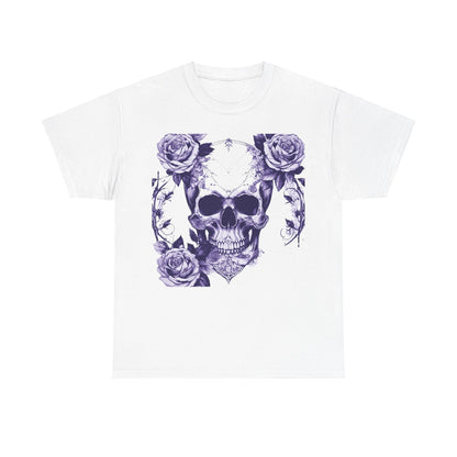 Front view of the Skulls and Roses Cotton Tee in white, featuring a captivating skull and rose graphic, ideal for making a bold fashion statement.
