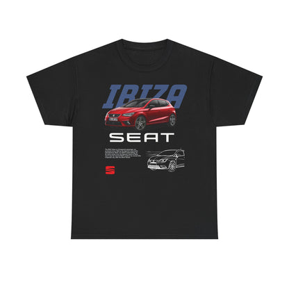 Elegant black men's t-shirt adorned with a captivating SEAT Ibiza graphic, featuring a sporty red car and sophisticated lettering, ideal for discerning automotive aficionados.
