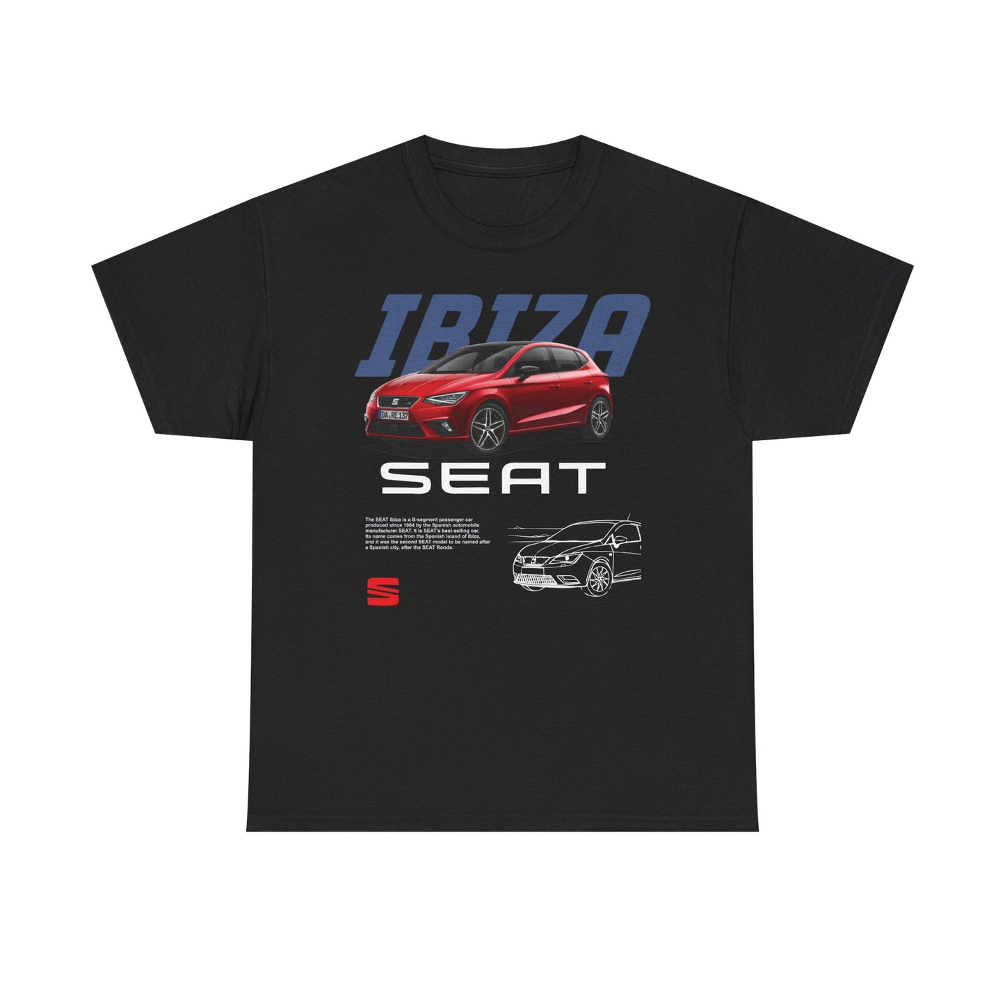 Sophisticated black men's t-shirt illustrating a sleek SEAT Ibiza graphic, with a striking red hatchback design and refined text, ideal for car lovers seeking an elegant statement piece.