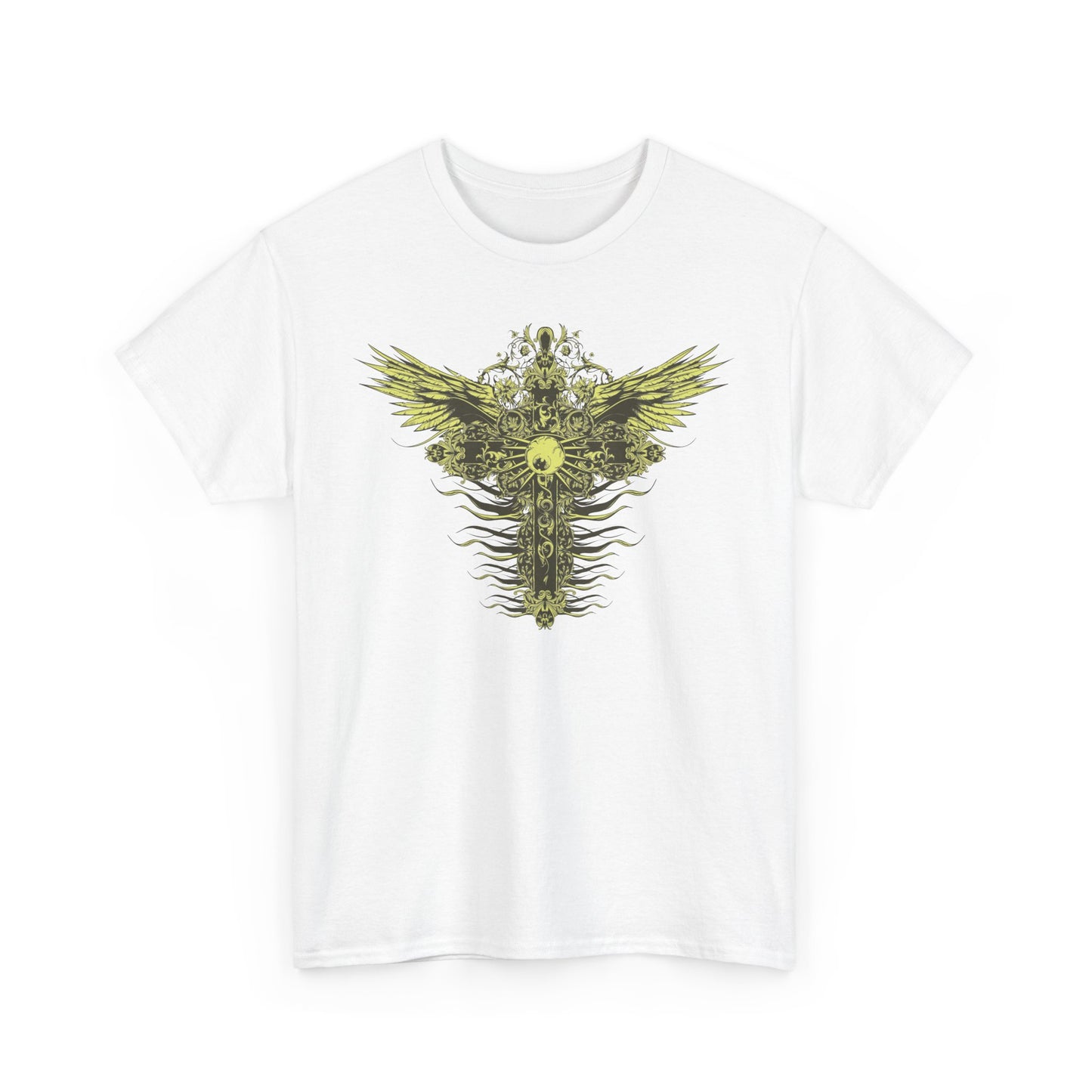 Stunning white T-shirt adorned with an intricate yellow-gold cross design and wings, embodying a unique blend of luxury and artistry.