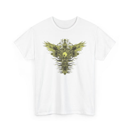 Stunning white T-shirt adorned with an intricate yellow-gold cross design and wings, embodying a unique blend of luxury and artistry.