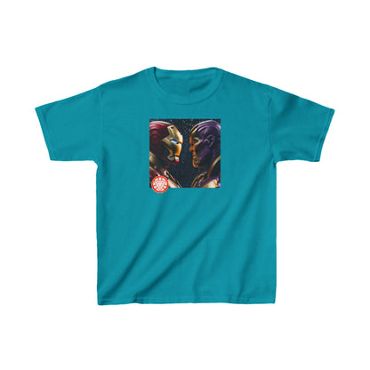Kids Iron Man Heavy Cotton T-Shirt in an elegant turquoise shade featuring an impressive Iron Man and Thanos graphic, ideal for aspiring superheroes.