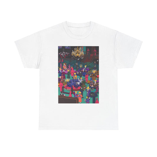 Chic white t-shirt adorned with a striking graphic of an extravagant gathering from Squid Game, highlighting festive themes and bold colours.