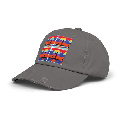 Side view of the Unisex Distressed Paddleboarders Cap, highlighting the unique paddleboarding artwork.