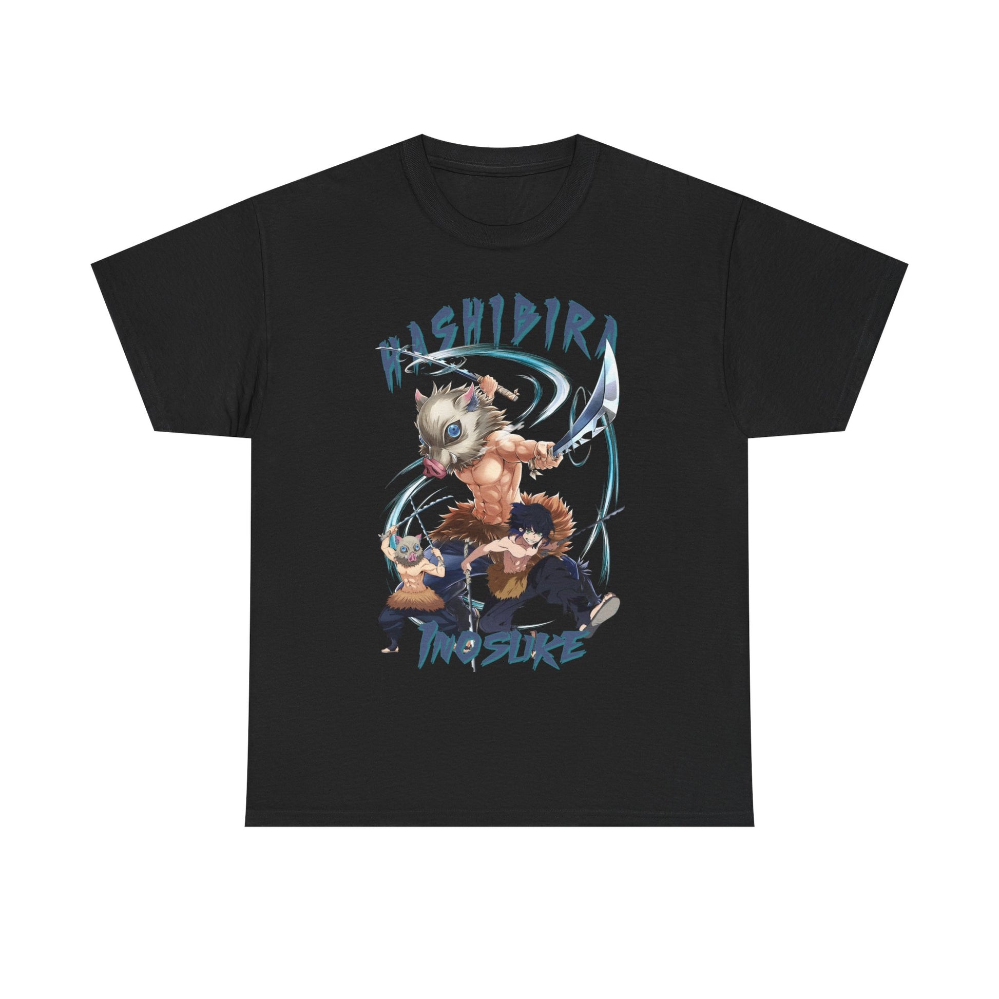 Premium Hashibira Inosuke Anime T-Shirt in classic black, featuring vibrant artwork of bold characters, designed for those with a passion for distinctive style.