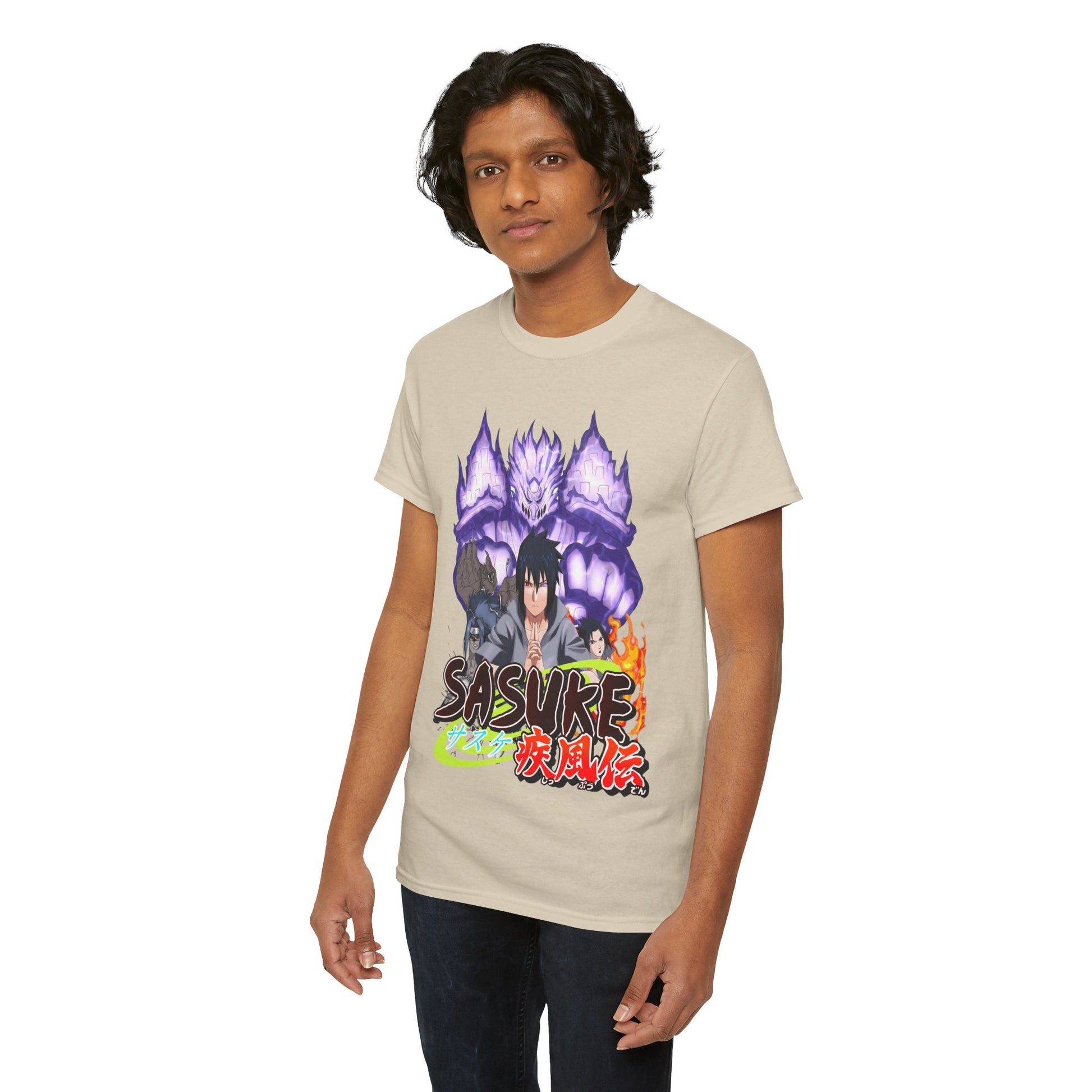 Luxurious Sasuke Graphic Tee featuring a striking design of Sasuke Uchiha from Naruto, adorned with bold colours and intricate details, perfect for anime enthusiasts.