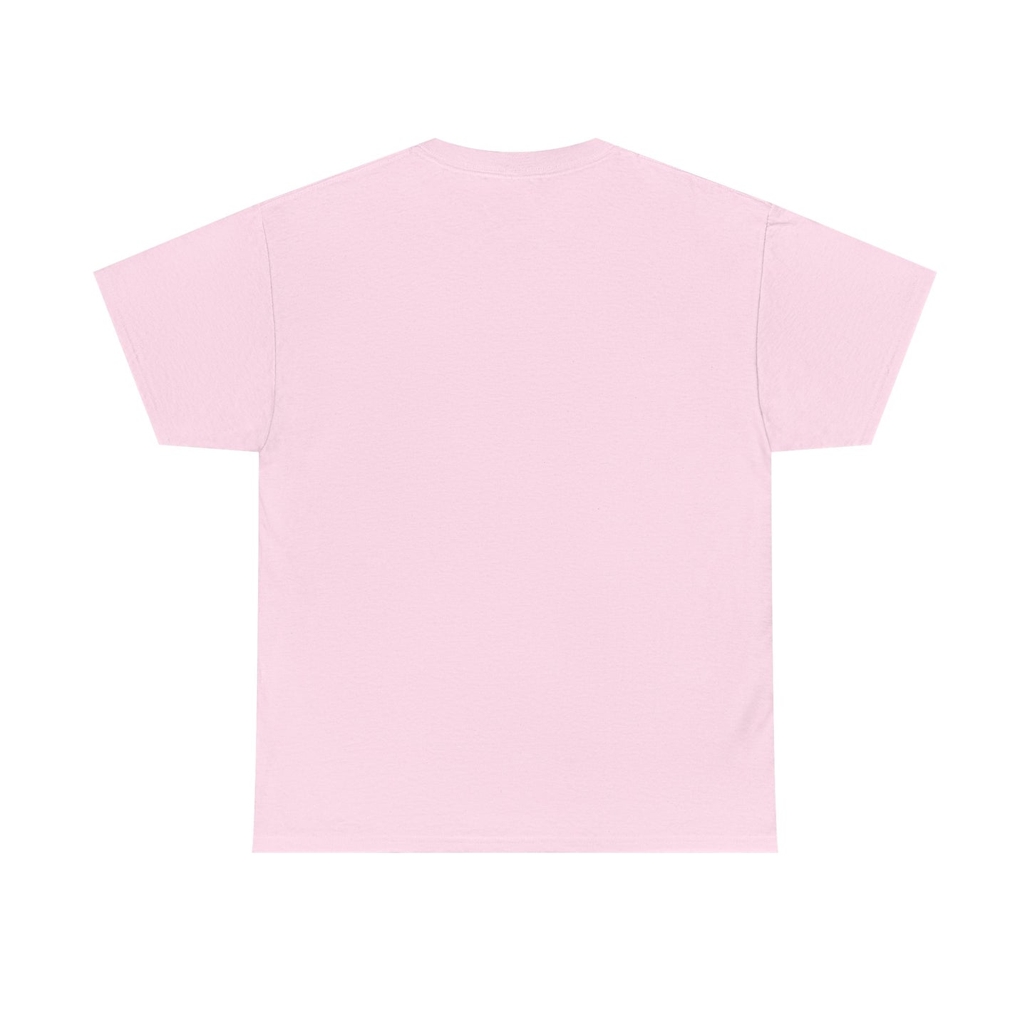 Back view of a chic unisex graphic tee shirt in soft pink, featuring a simple and elegant silhouette, perfect for a sophisticated casual outfit.
