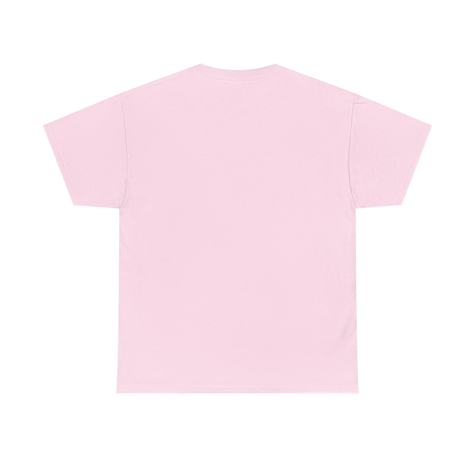 Back view of a chic unisex graphic tee shirt in soft pink, featuring a simple and elegant silhouette, perfect for a sophisticated casual outfit.