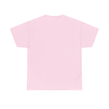 Back view of a chic unisex graphic tee shirt in soft pink, featuring a simple and elegant silhouette, perfect for a sophisticated casual outfit.