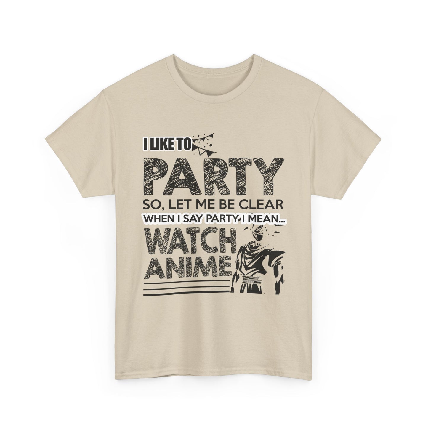 Luxurious beige graphic t-shirt designed with bold typography, proclaiming love for parties and anime.