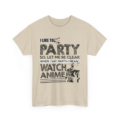 Luxurious beige graphic t-shirt designed with bold typography, proclaiming love for parties and anime.
