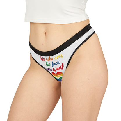 Stylish women's thong worn model showcasing a bold graphic text 'kiss whoever the f*** you want' alongside a rainbow heart design, perfect for celebrating love and pride.