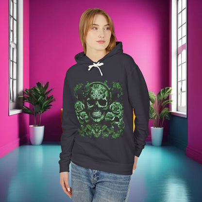 Model wearing Skull and Roses Lightweight Hoodie, a luxurious unisex sweatshirt featuring an edgy skull and roses design, styled in a vibrant indoor setting.
