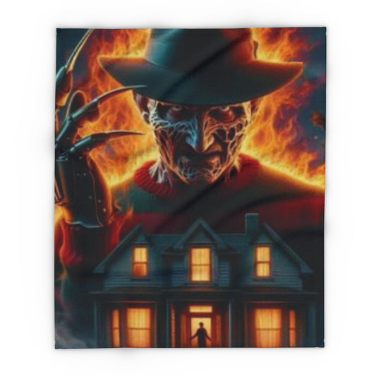 Decorative and Warm Halloween Freddy Krueger Spooky Arctic Fleece Blanket showcasing a striking image of Freddy Krueger with a haunting house silhouette, ideal for seasonal comfort.