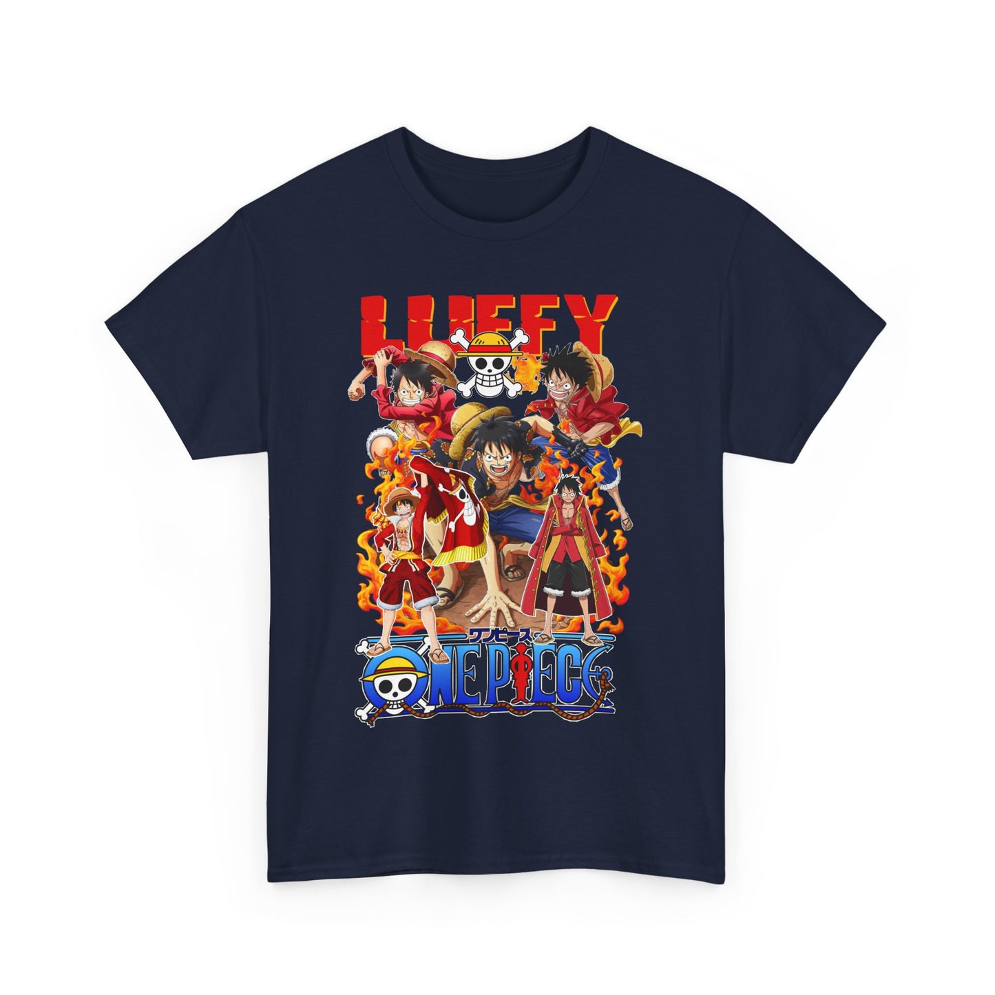 Luxury navy blue men's t-shirt featuring vibrant anime design with iconic characters from an adventurous series, perfect for anime enthusiasts.