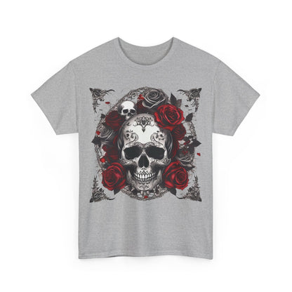 Elegant Skulls and Roses Cotton Tee, unisex graphic shirt featuring a vibrant steampunk design on a grey background, perfect for alternative fashion enthusiasts.